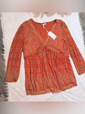 Rose & Olive Orange Printed V-Neck Bohemian Tunic